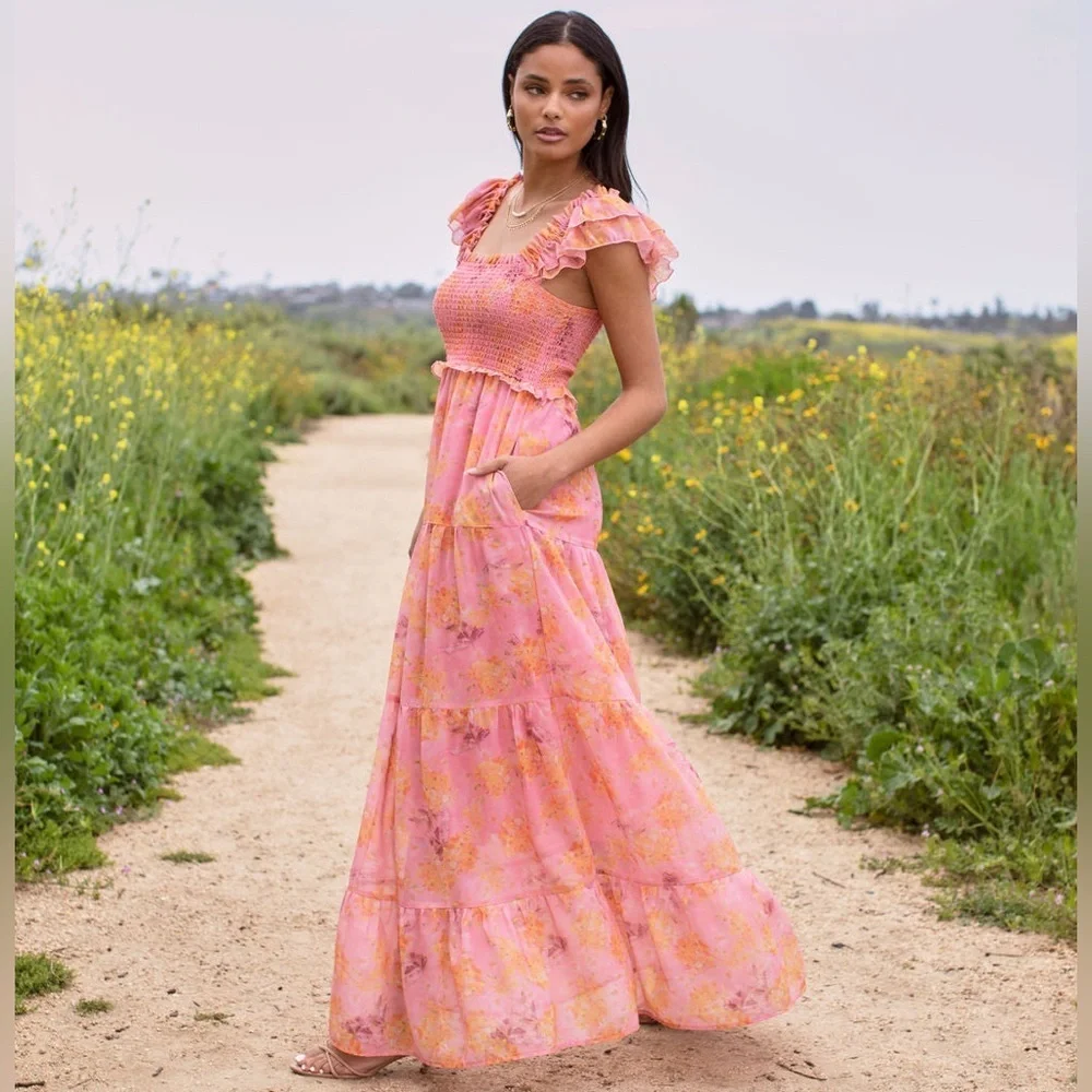 Pinkblush floral chiffon smocked top maxi dress nwot - Picture 2 of 8